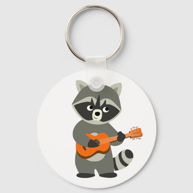 Cute Tecknad Raccoon spelar Guitar Nyckelring (Framsida)