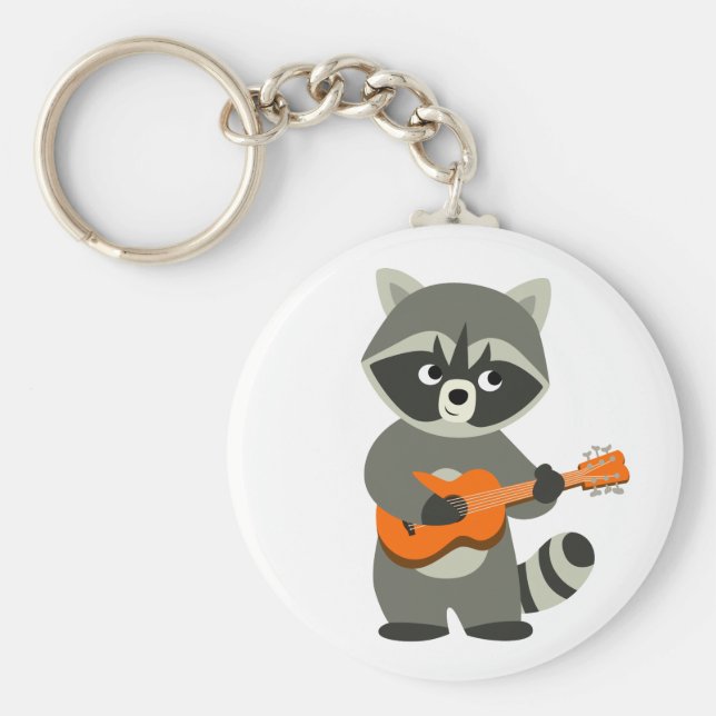 Cute Tecknad Raccoon spelar Guitar Nyckelring (Framsidan)