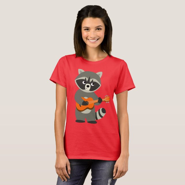 Cute Tecknad Raccoon spelar Guitar Women T-Shirt (Hel framsida)
