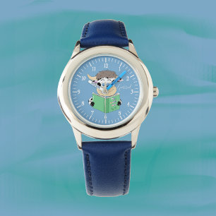 Cute Tecknad Reading Cow Boy Blue Watch Armbandsur