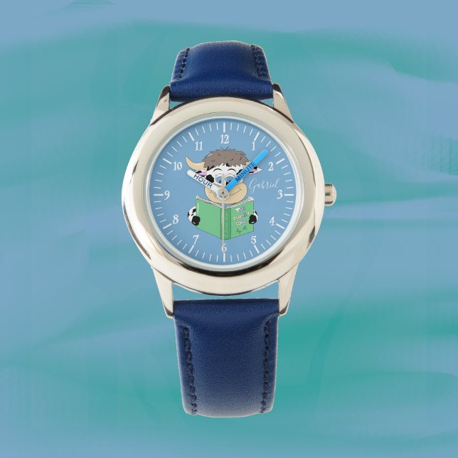 Cute Tecknad Reading Cow Boy Blue Watch Armbandsur (Cartoon reading cow boy blue watch .)