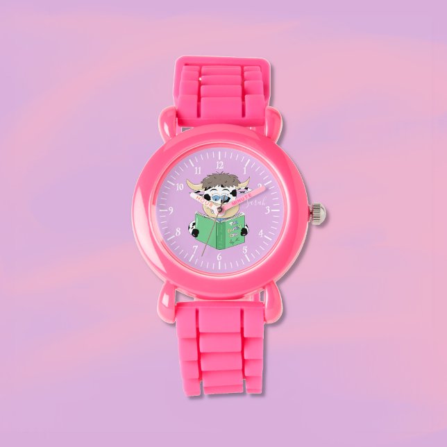 Cute Tecknad Reading Cow Girl Rosa Watch Armbandsur (Fun reading cow girl pink watch .)