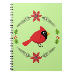 Cute Tecknad Red-kardinal med blommor Anteckningsbok