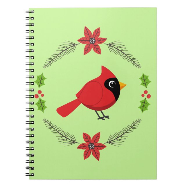 Cute Tecknad Red-kardinal med blommor Anteckningsbok (Framsidan)