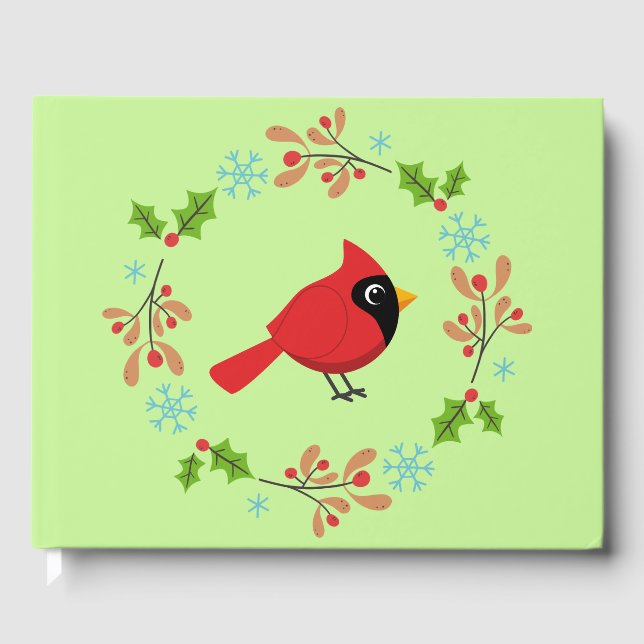 Cute Tecknad Red-kardinal med blommor Gästböcker (Framsida)