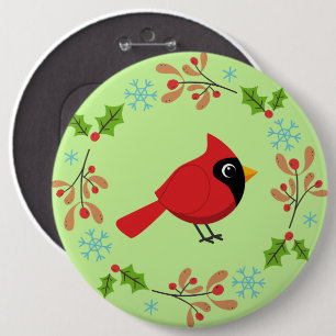Cute Tecknad Red-kardinal med blommor Knapp