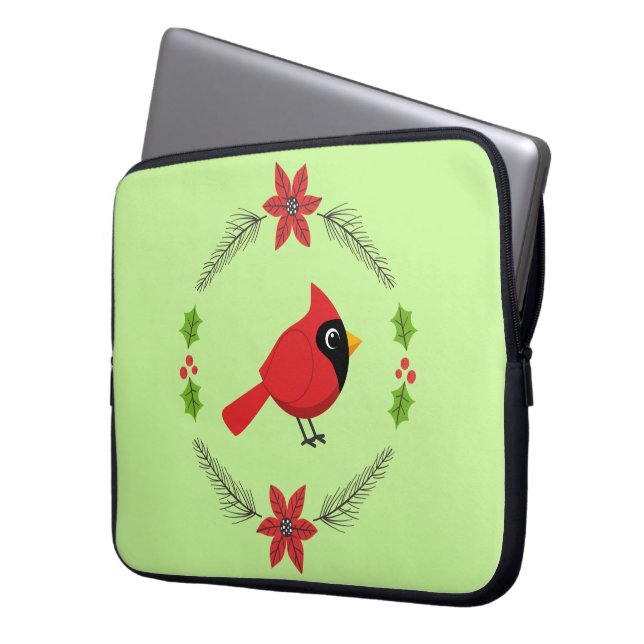 Cute Tecknad Red-kardinal med blommor Laptop Fodral (Framsidan Vänster)