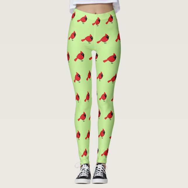 Cute Tecknad Red-kardinal med blommor Leggings (Framsida)