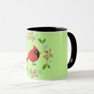 Cute Tecknad Red-kardinal med blommor Mugg