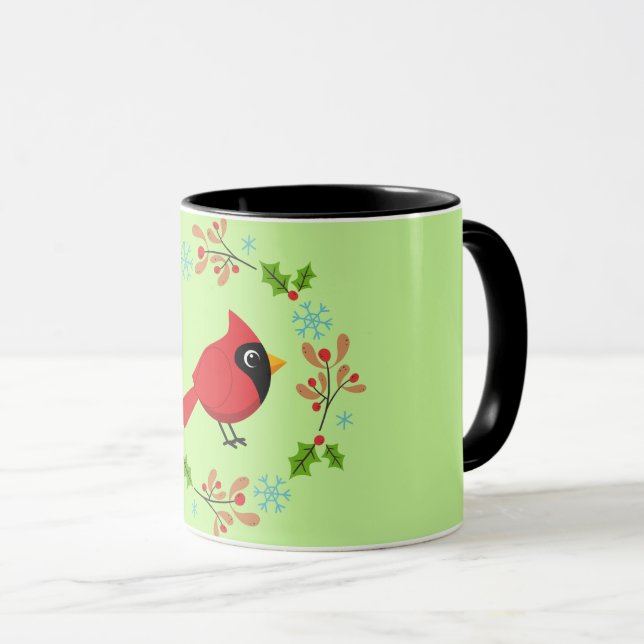 Cute Tecknad Red-kardinal med blommor Mugg (Framsida höger)