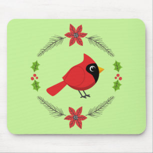 Cute Tecknad Red-kardinal med blommor Musmatta