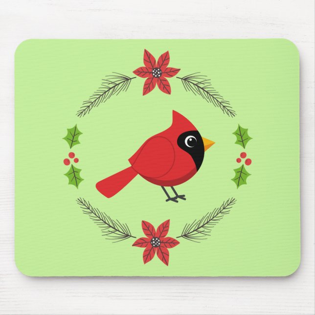 Cute Tecknad Red-kardinal med blommor Musmatta (Framsidan)