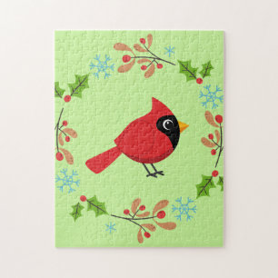 Cute Tecknad Red-kardinal med blommor Pussel