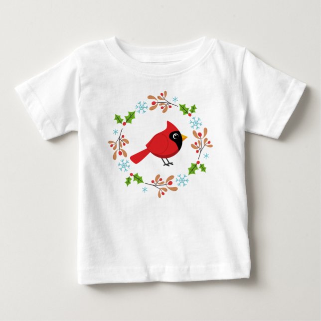 Cute Tecknad Red-kardinal med blommor T Shirt (Framsida)