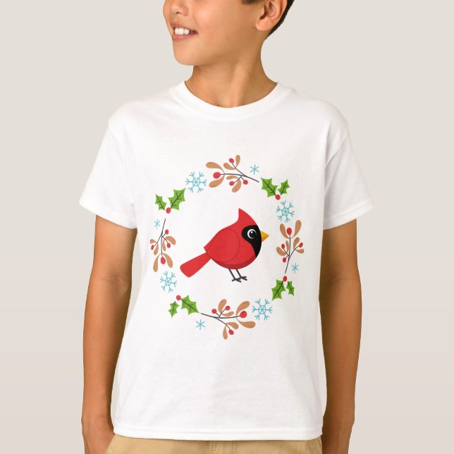 Cute Tecknad Red-kardinal med blommor T Shirt (Framsida)