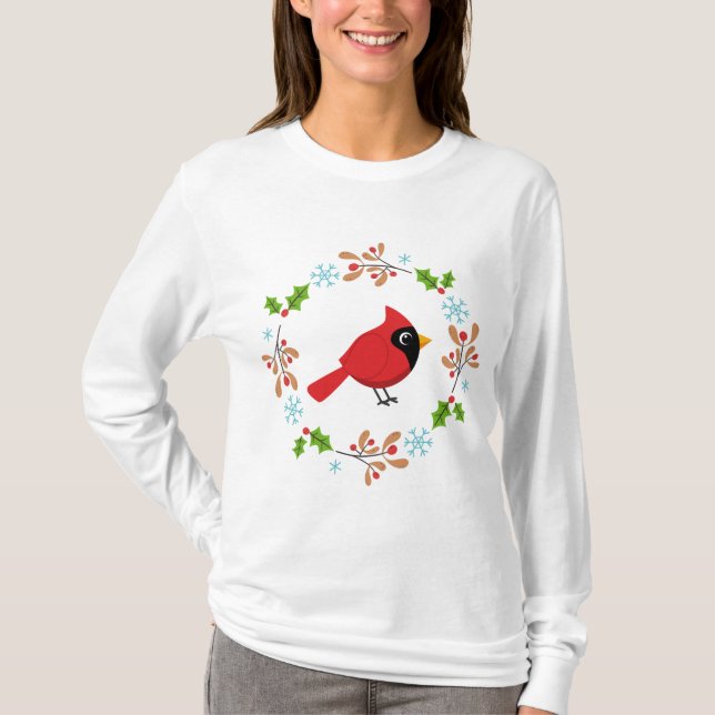 Cute Tecknad Red-kardinal med blommor T Shirt (Framsida)