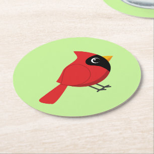 Cute Tecknad Red-kardinal med blommor Underlägg Papper Rund