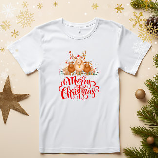 Cute Tecknad Reindeer Family "God jul" T Shirt