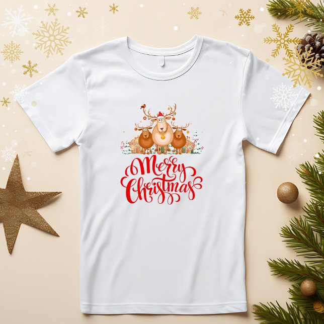 Cute Tecknad Reindeer Family "God jul" T Shirt (Cute Cartoon Reindeer Family "Merry Christmas" T-Shirt
)