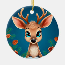 Cute Tecknad Reindeer i vinter med Gräs Cones Julgransprydnad Keramik