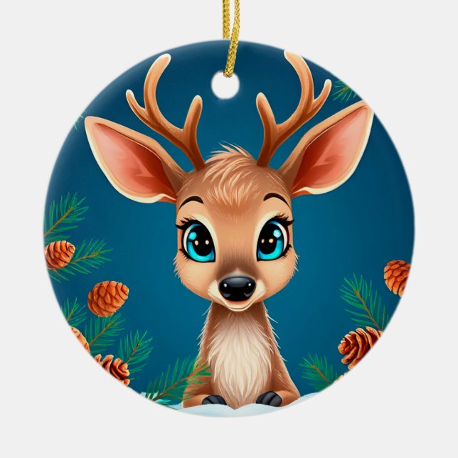 Cute Tecknad Reindeer i vinter med Gräs Cones Julgransprydnad Keramik (Framsidan)