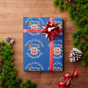 Cute Tecknad Reindeer Mönster Roligt Blue Namn Presentpapper