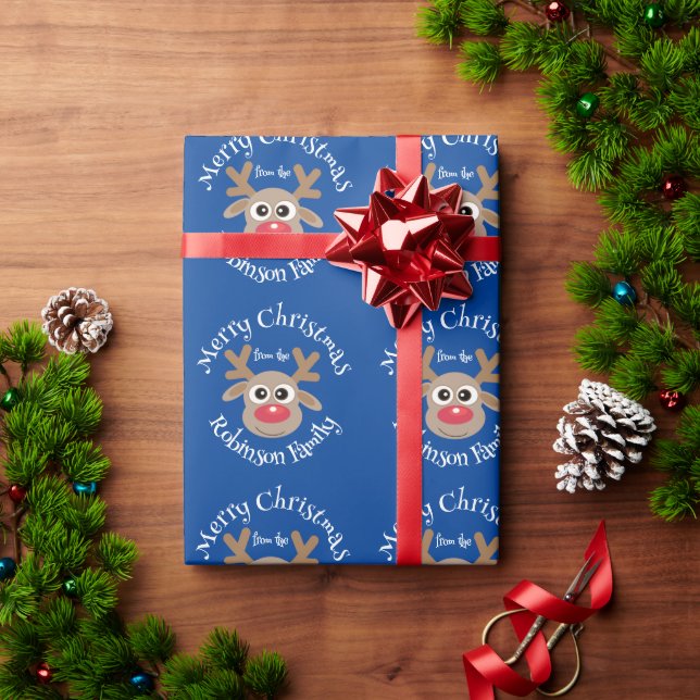 Cute Tecknad Reindeer Mönster Roligt Blue Namn Presentpapper (Julgåva)
