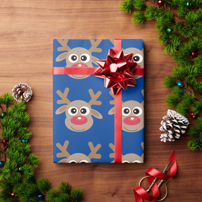Cute Tecknad Reindeer Mönster Roligt Blue Presentpapper (Julgåva)