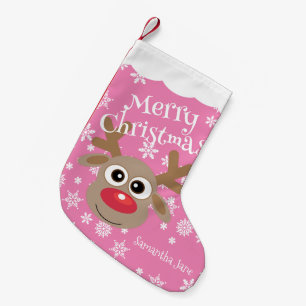 Cute Tecknad Reindeer White Snöflingor Girly Rosa Liten Julstrumpa