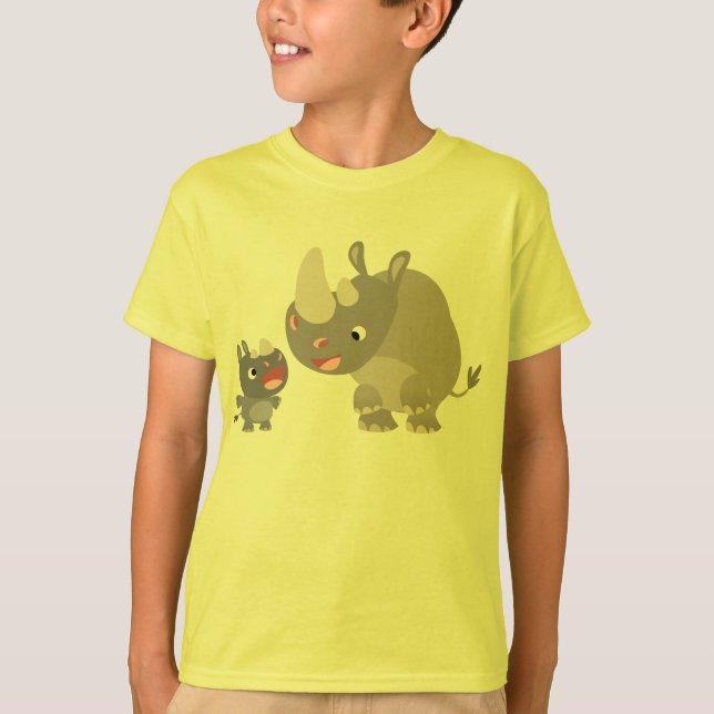 Cute Tecknad Rhino Baby & Big Rhino Kids T-Shirt (Framsida)