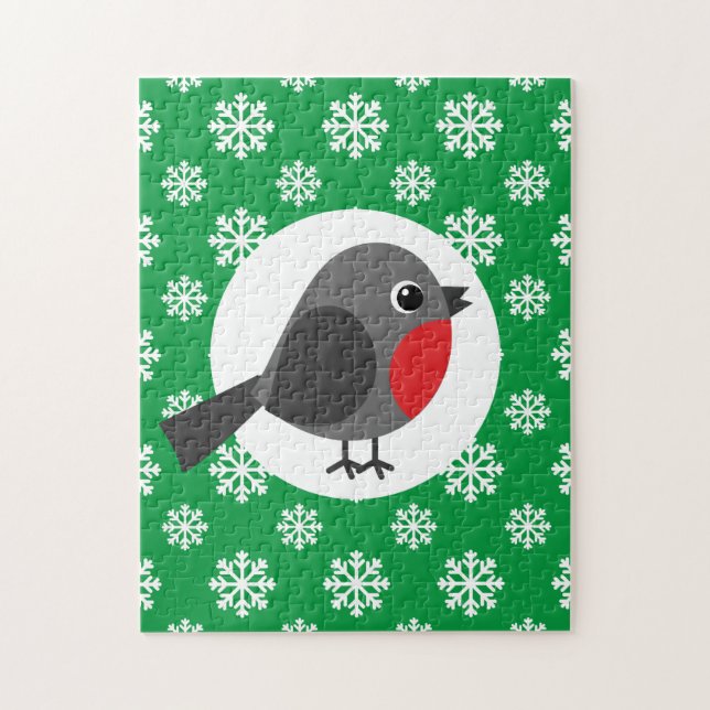 Cute Tecknad Robin med Snöflingor Pussel (Vertikal)