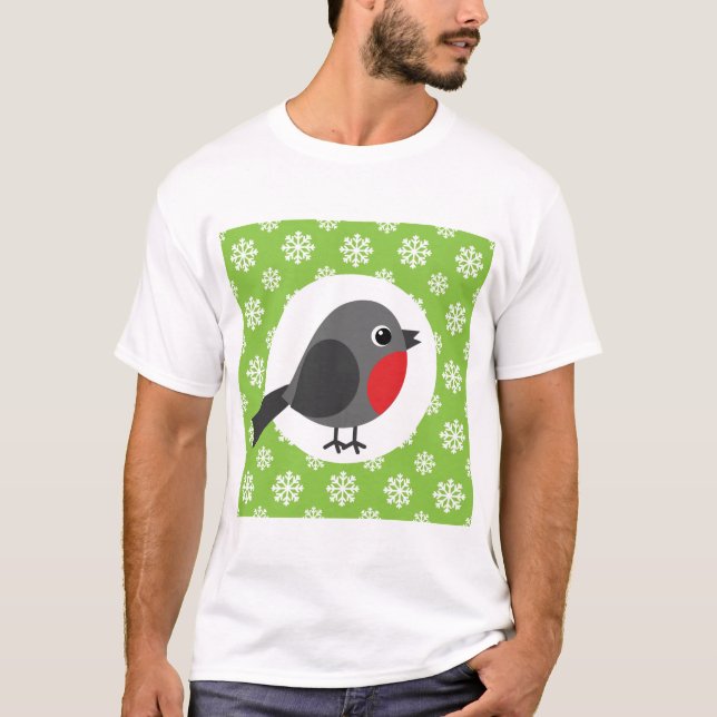 Cute Tecknad Robin med Snöflingor T Shirt (Framsida)