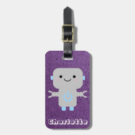 Cute Tecknad Robot Lila med Namn Bagagebricka