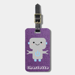 Cute Tecknad Robot Lila med Namn Bagagebricka