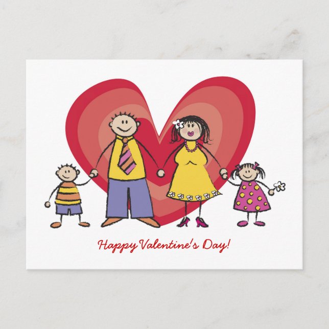 Cute Tecknad Roligt Lycklig Family Kärlek Heart Va Helg Vykort (Framsida)