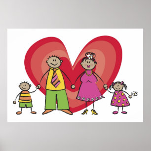 Cute Tecknad Roligt Lycklig Family Kärlek Heart Va Poster