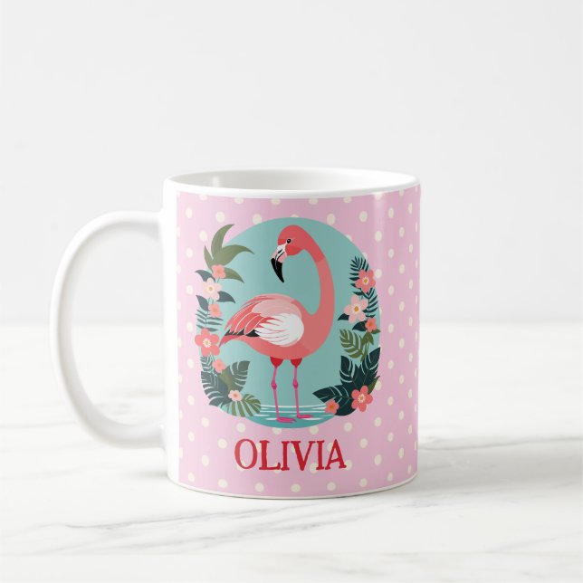 Cute Tecknad Rosa Flamingo och Polka dots Kaffemugg (Vänster)
