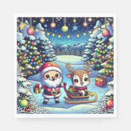 Cute Tecknad Santa and Reindeer jul Pappersservett