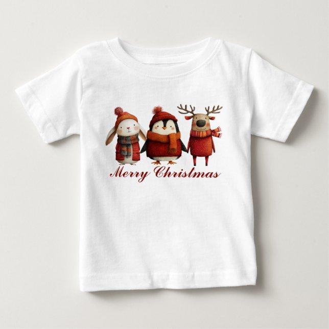 Cute Tecknad Santa Animals God jul T Shirt (Framsida)