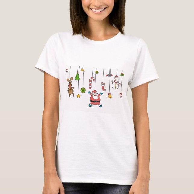 Cute tecknad Santa och kompisar jul T-shirt (Framsida)