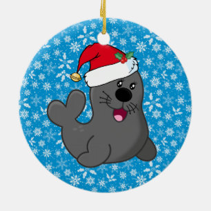 Cute Tecknad Seal Wearing Santa Hat Julgransprydnad Keramik