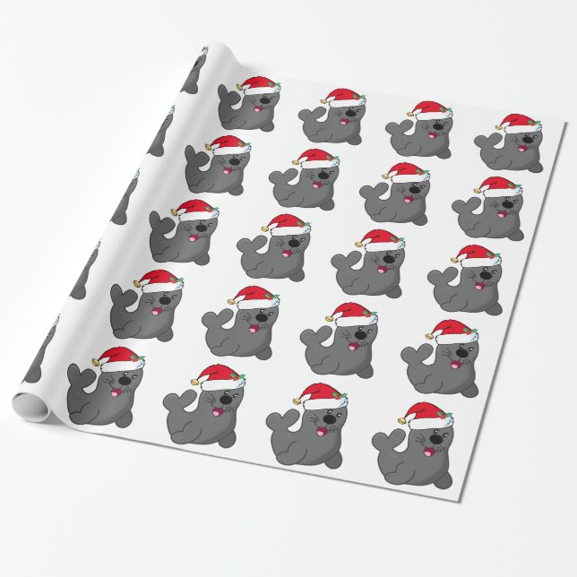 Cute Tecknad Seal Wearing Santa Hat Presentpapper (Utrullad)