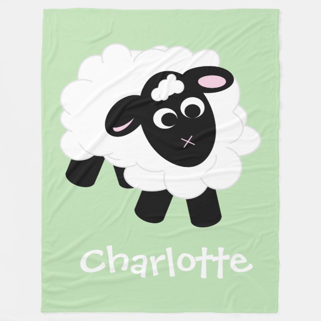 Cute Tecknad Sheep Grönt Namn Fleece Blanket (Framsidan)