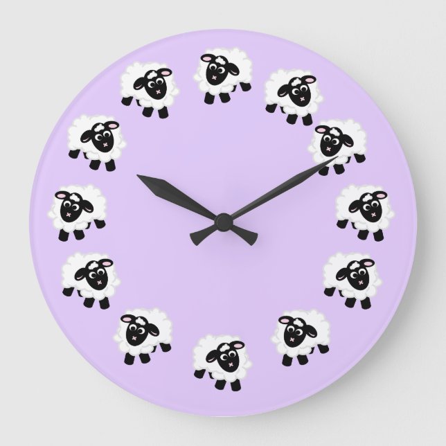Cute Tecknad Sheep Lila Round Clock Stor Klocka (Framsida)