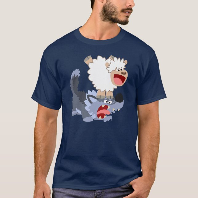 Cute Tecknad Sheep med Varg T-Shirt (Framsida)