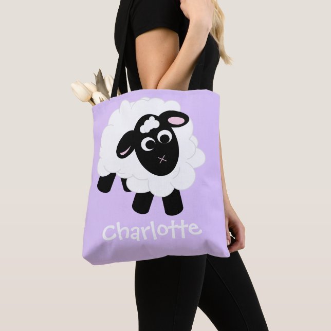 Cute Tecknad Sheep Namn Lila Tote Bag Tygkasse (Närbild)
