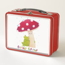 Cute tecknad sitta groda och svamp i regn