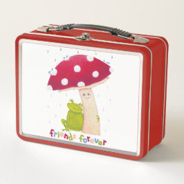 Cute tecknad sitta groda och svamp i regn