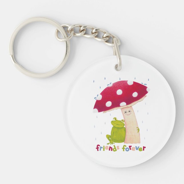 Cute tecknad sitta groda och svamp i regn (Framsidan)