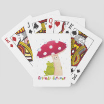 Cute tecknad sitta groda och svamp i regn